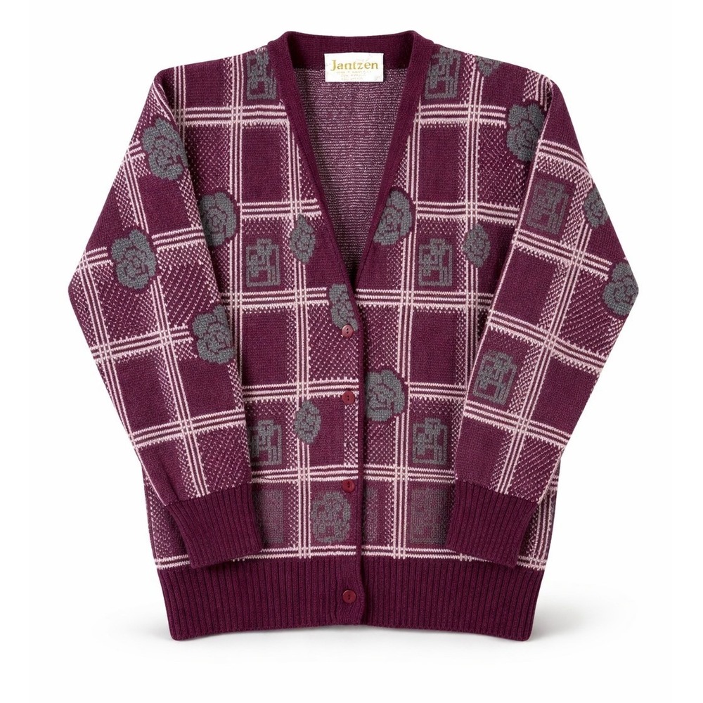 Vintage 1990's Jantzen Cardigan Sweater Burgundy Floral Geometric Plaid Womens M